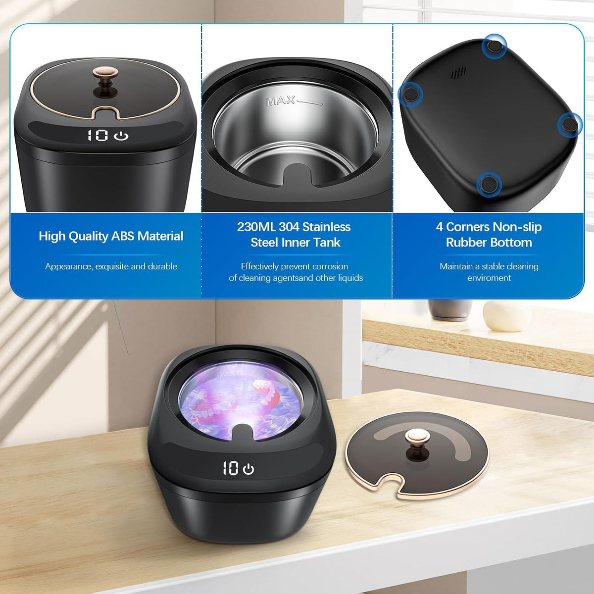 Retainer Cleaner Machine - LED Light Dental Cleaner for Dentures, Aligner, Invisalignmouth Guard, Night Guard Cleaner